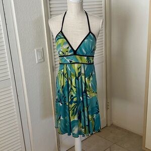 Byer California Teal and Lime Tropical Print Halter Dress size M